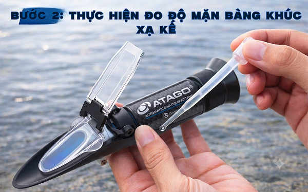 Thực hiện đo độ mặn bằng khúc xạ kế Atago